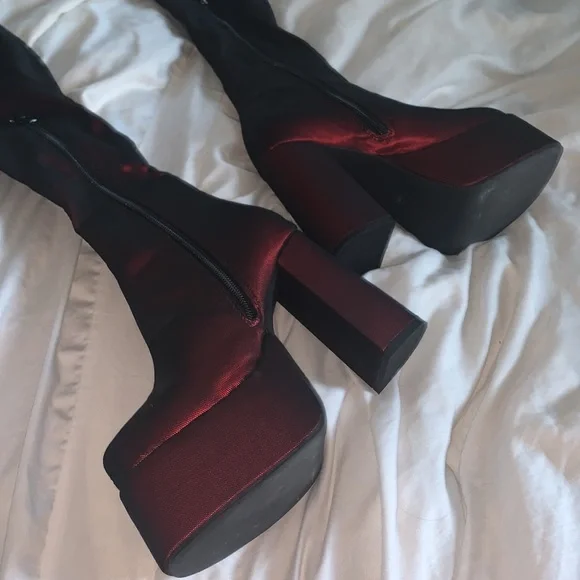 DollsKill Rare Know My Worth Platform Boots Current Mood Red Mesh Thigh High - Picture 6 of 10